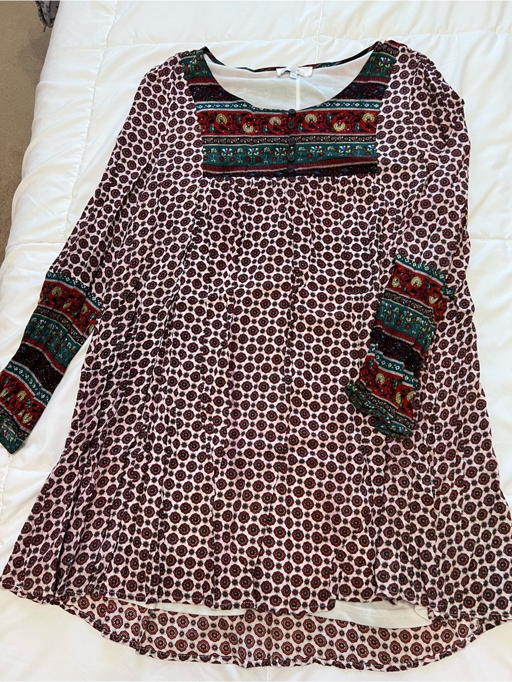 entro Burgundy Printed Long Sleeve Boho Dress with Green Accent Yoke